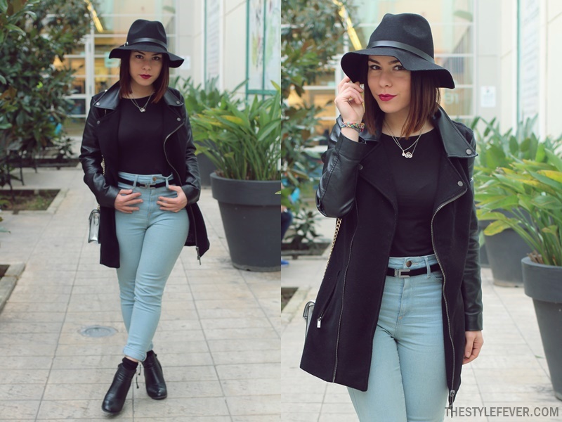 Jeans a vita alta, cappotto nero, cappello a falda larga, Mina Masotina