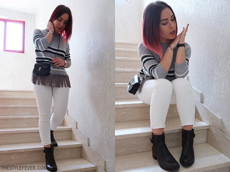 Maglione con frange, fashion blogger Italia, outfit pantaloni bianchi, stivaletti neri