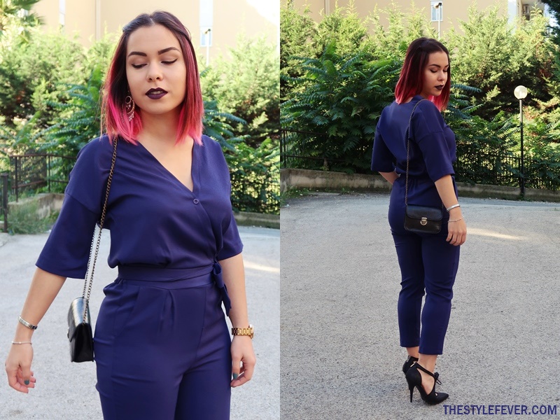 Outfit con tuta blu navy elegante, fashion blogger italiane, Mina Masotina
