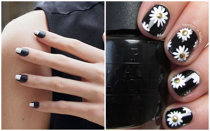 Ispirazioni nail art nera, unghie minimal, nail art fiori