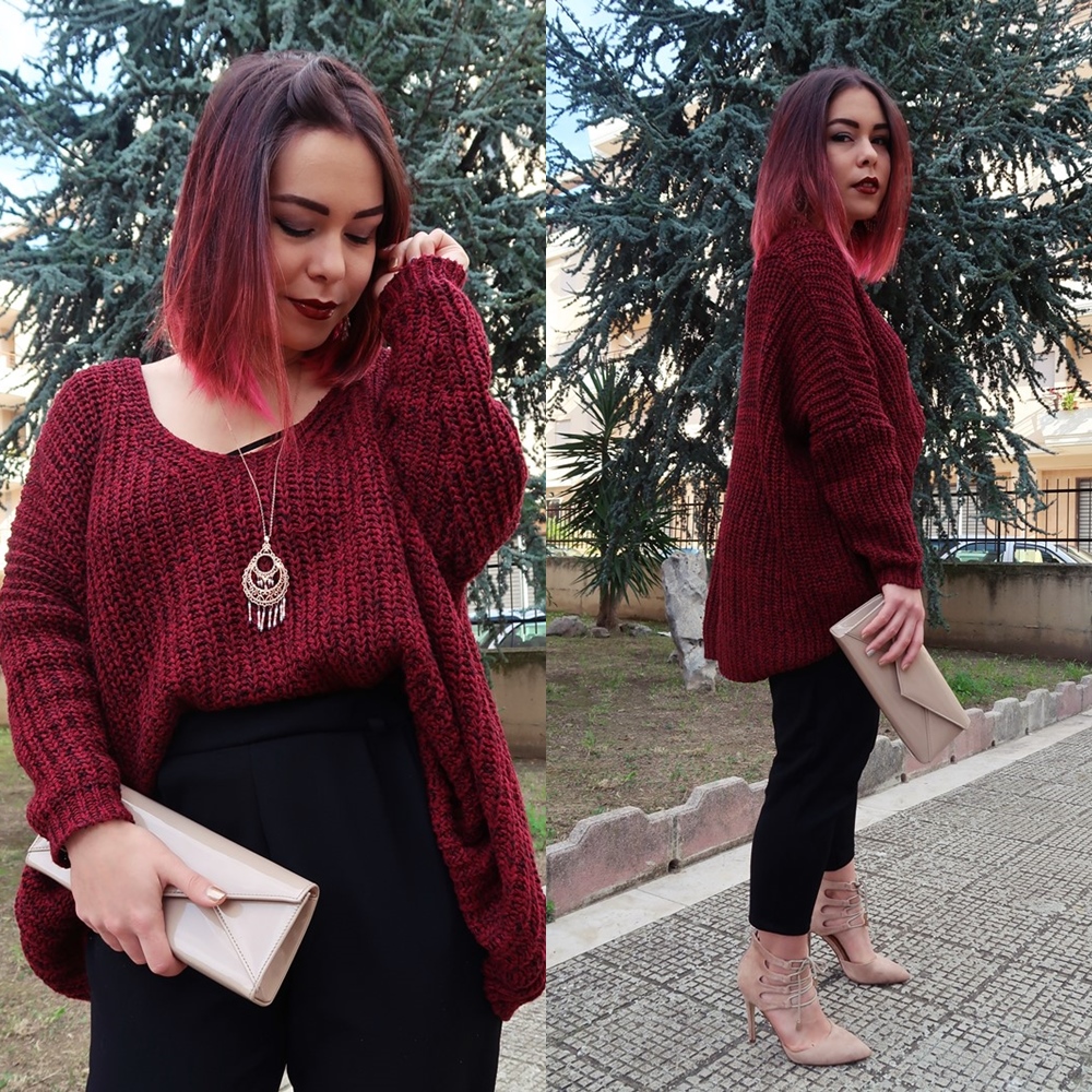 Outfit maglione bordeaux pantalone nero, Mina Masotina fashion blogger Puglia