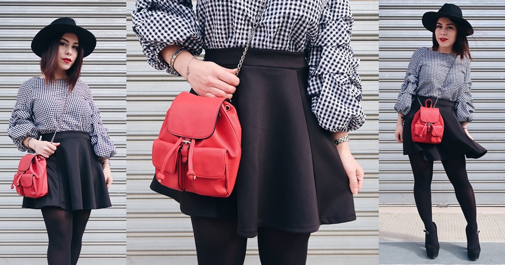 Outfit con camicetta vichy, gonna nera e tracolla rossa, Mina Masotina, fashion blogger Bari