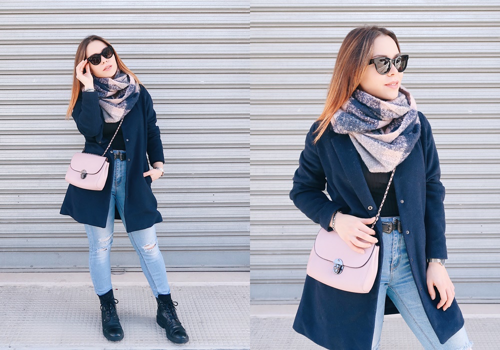 Fashion blogger outfit blu e rosa per l'inverno